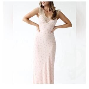 Rumored Blush affair Baby Doll Maxi Dress Lace Trim XS Feminine Cottage Dainty
